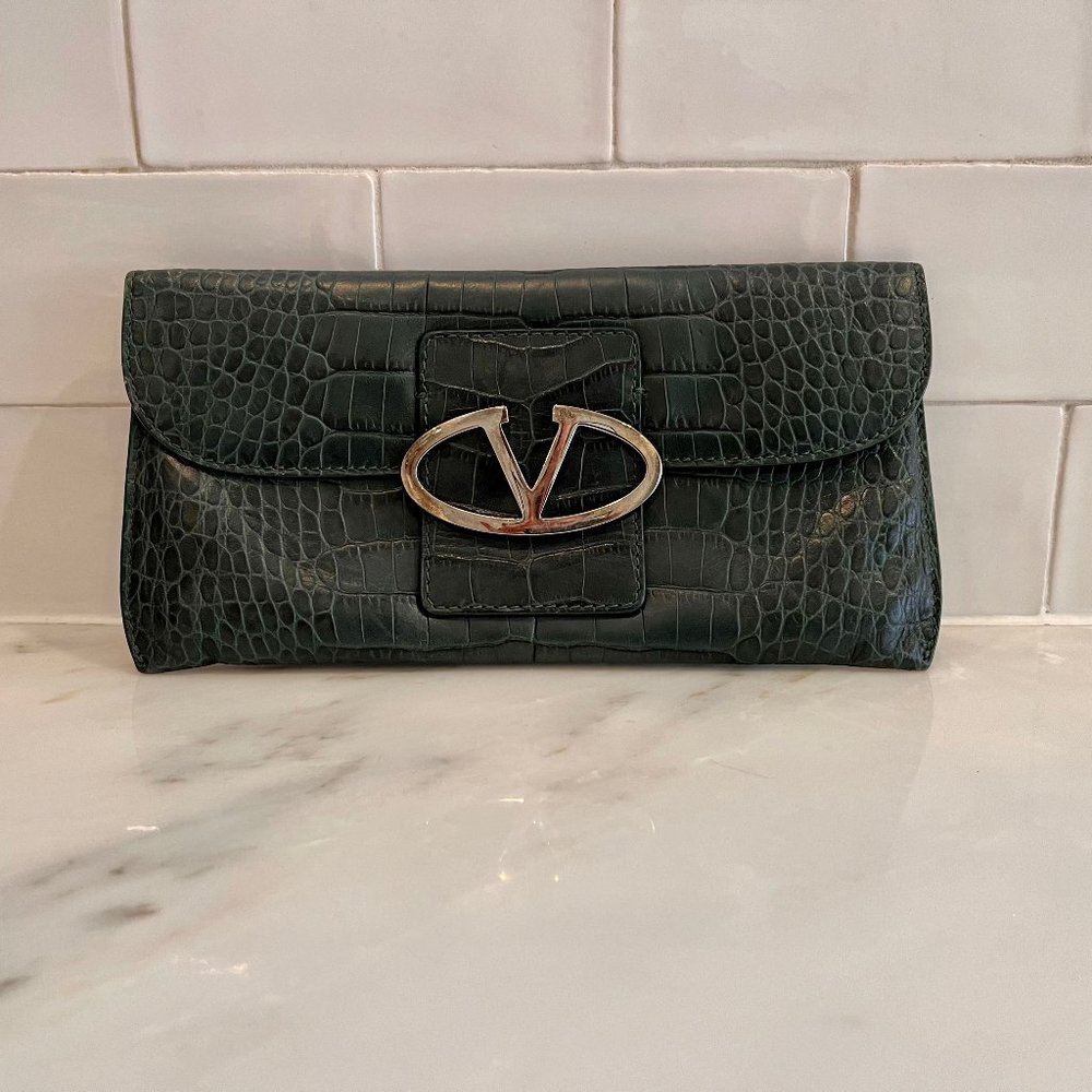 VALENTINO  logo plaque Teal clutch bag
